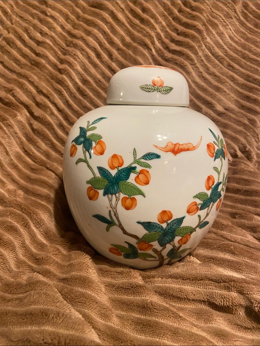 Vintage Chinese Porcelain Ginger Jar Orange Floral Chinoiserie Lidded Vase